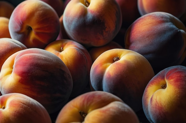 a bunch of peaches with leaves that have been picked up