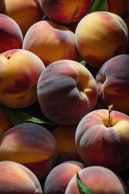 a bunch of peaches with leaves that have been picked up