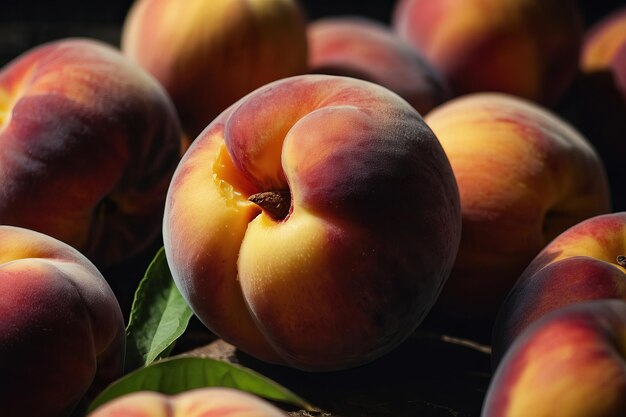 a bunch of peaches with leaves that have been picked up