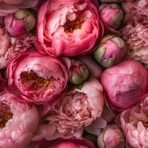 A bunch of peonies are arranged in a pile.