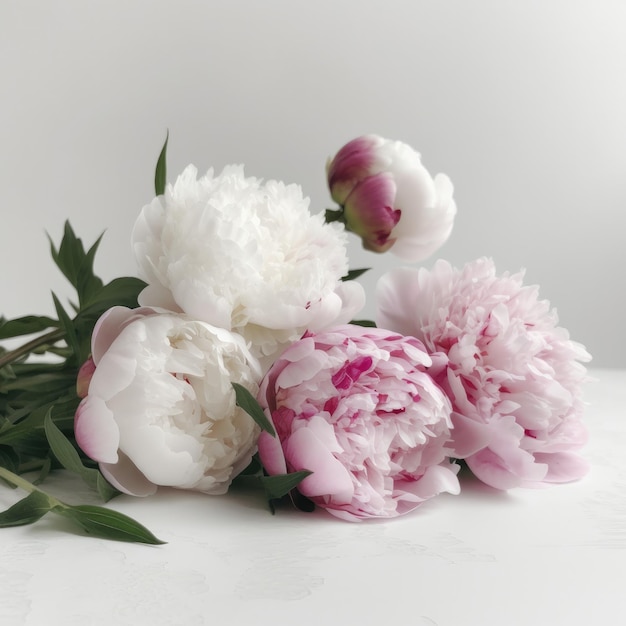 A bunch of peonies are on a white table.