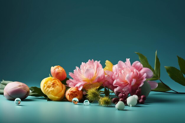 A bunch of peonies and seashells sit on a blue table.