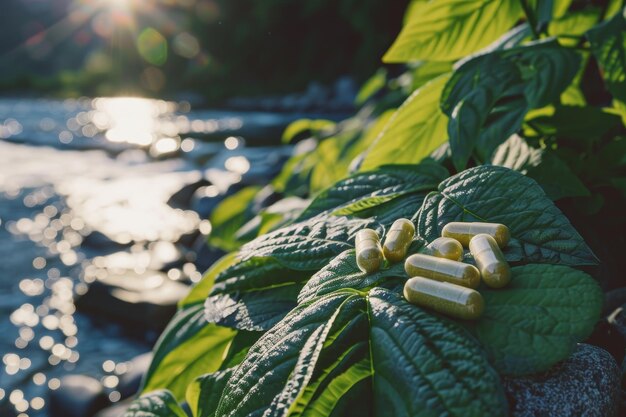 A bunch of pills are on a leaf next to a body of water