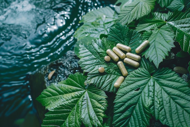 A bunch of pills are on a leaf