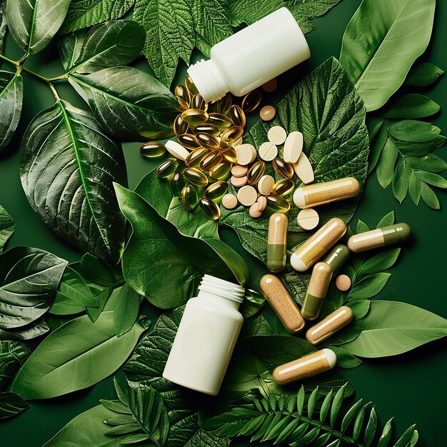 Photo a bunch of pills and capsules are on a green background