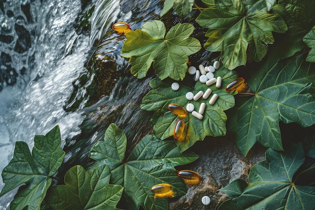 A bunch of pills and capsules are scattered on a leafy green plant