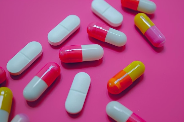 a bunch of pills that are on a pink background