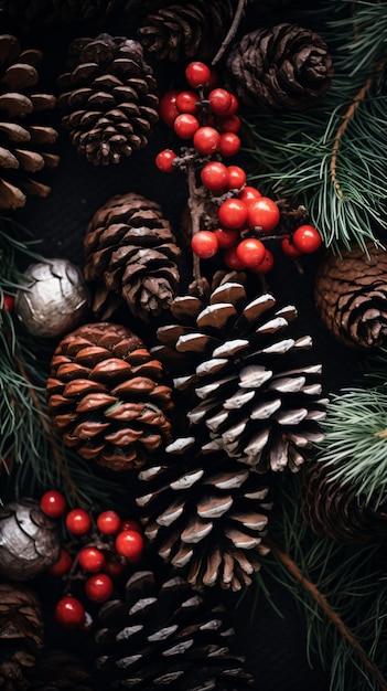 a bunch of pine cones and berries on a table