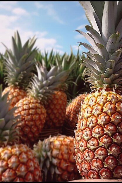 A bunch of pineapples with the top one on the right.