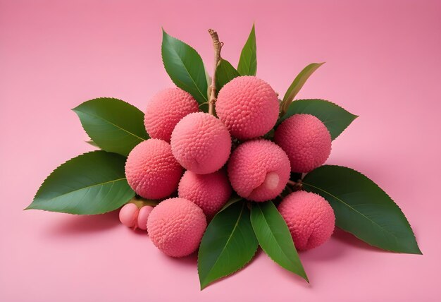 a bunch of pink balls with green leaves on a pink background