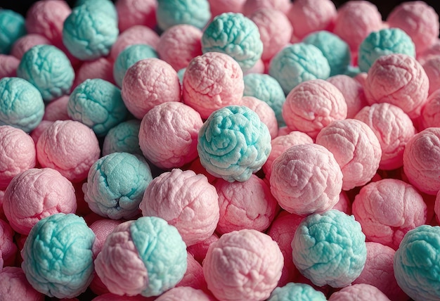 a bunch of pink and blue candy balls are in a pile