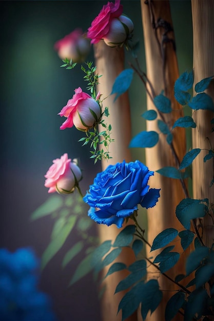 Bunch of pink and blue roses in a vase generative ai