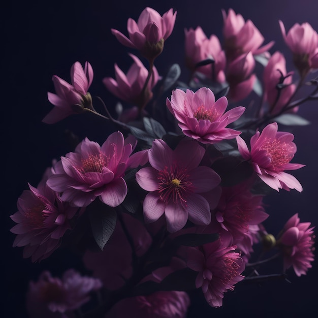 A bunch of pink flowers are in a vase with one of them has a yellow center.