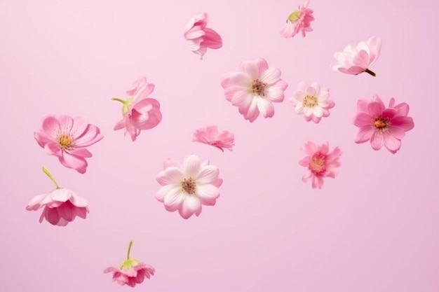 Photo a bunch of pink flowers floating in the air