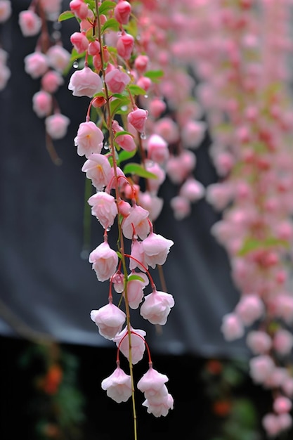 A bunch of pink flowers hang from a vine.