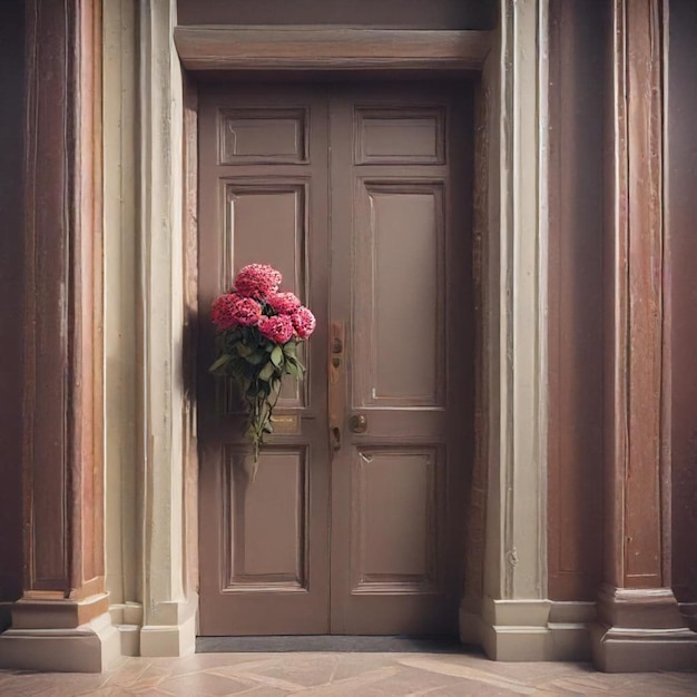 a bunch of pink flowers hanging from a door