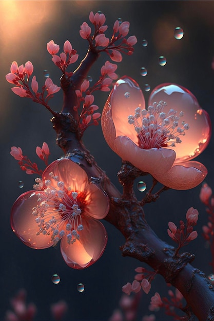 Bunch of pink flowers sitting on top of a tree generative ai