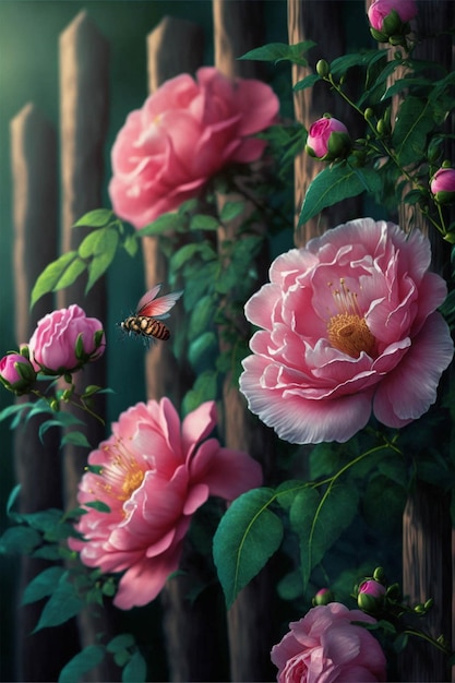 Bunch of pink flowers sitting on top of a wooden fence generative ai