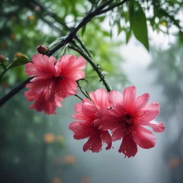 a bunch of pink flowers that are on a branch