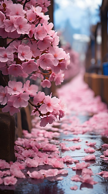 Photo a bunch of pink flowers that are on a wall