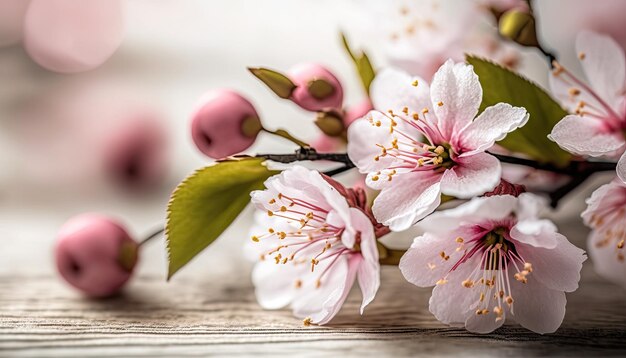 A bunch of pink flowers with green leaves on a wooden table