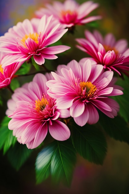 A Bunch Of Pink Flowers With Green Leaves