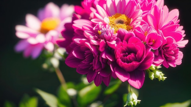 A bunch of pink flowers with one of them has a yellow center.