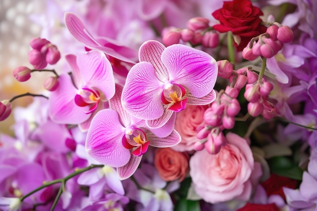 A bunch of pink flowers with one