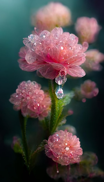 Bunch of pink flowers with water droplets on them generative ai