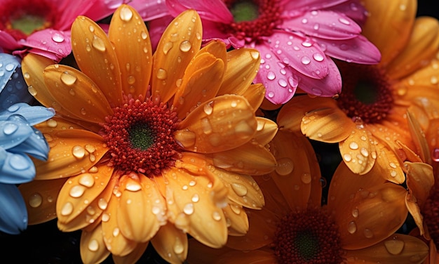 a bunch of pink flowers with water drops on them