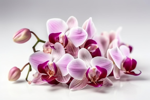 A bunch of pink orchids on a white background