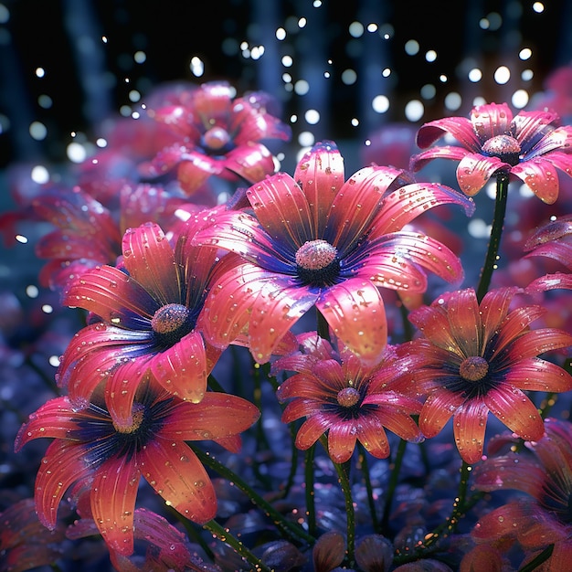 A bunch of pink and purple flowers with a blue background