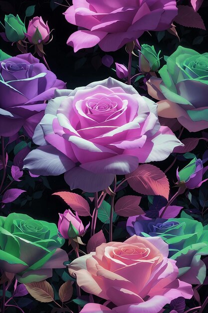 A bunch of pink and purple roses are on a black background