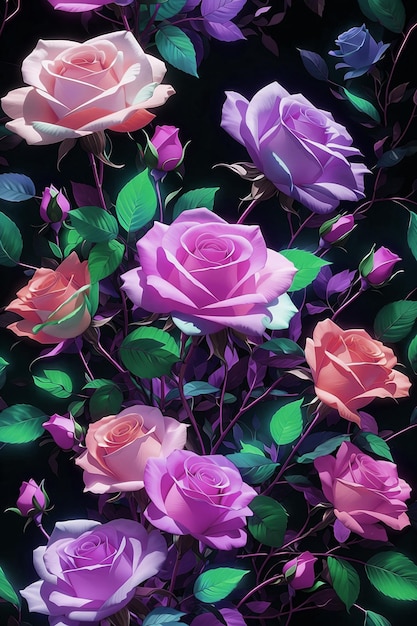 A bunch of pink and purple roses are on a black background