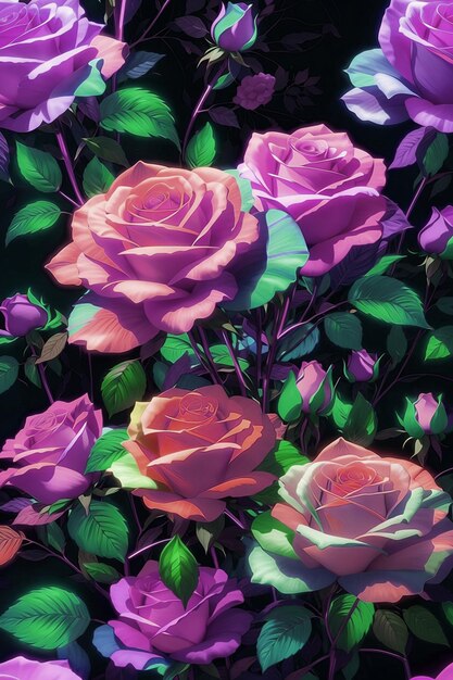 A bunch of pink and purple roses are on a black background