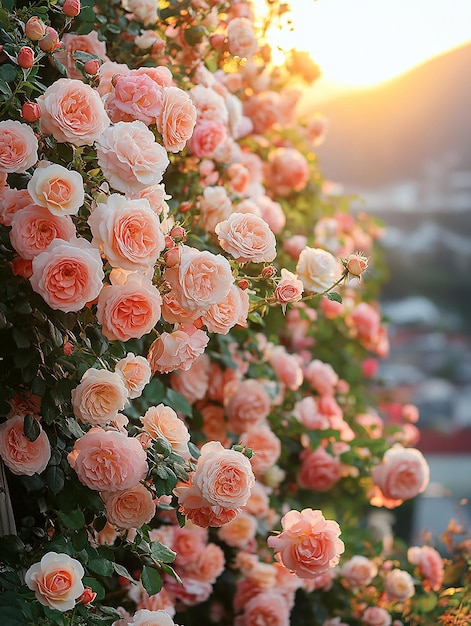 a bunch of pink roses are growing on a wall