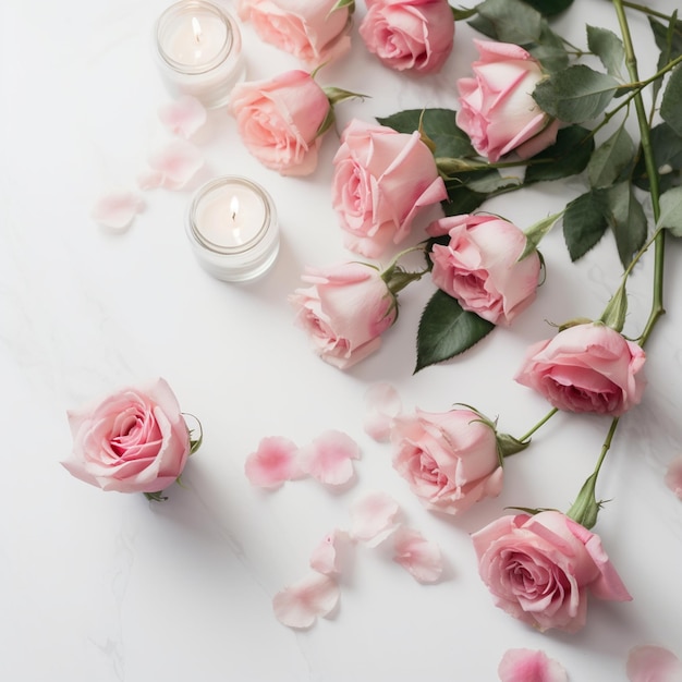 A bunch of pink roses are laying on a table with a candle and a candle.