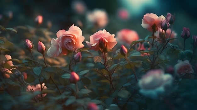 A bunch of pink roses in a garden