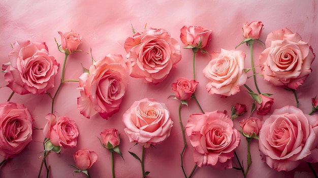 A bunch of pink roses on a pink background with water droplets on them and a pink background with a