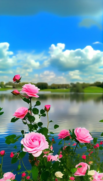 Bunch of pink roses sitting next to a body of water generative ai