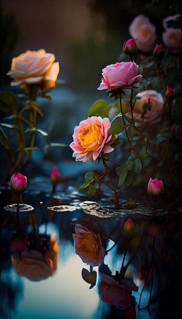 Bunch of pink roses sitting on top of a body of water generative ai