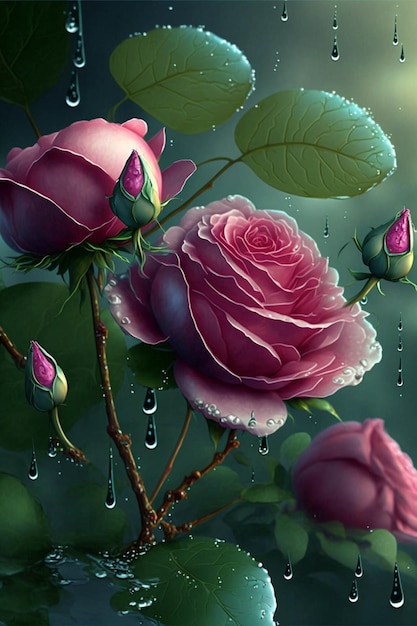 Bunch of pink roses sitting on top of a lush green field generative ai