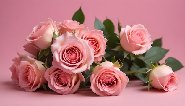 a bunch of pink roses with green leaves on them