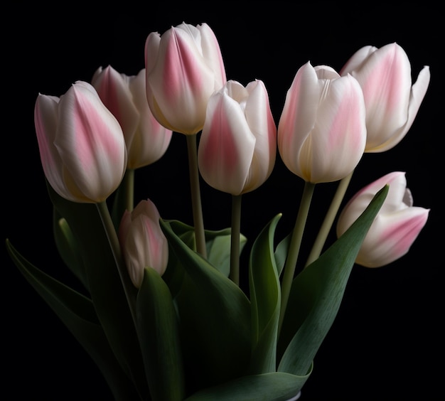 A bunch of pink tulips are in a vase with green leaves.