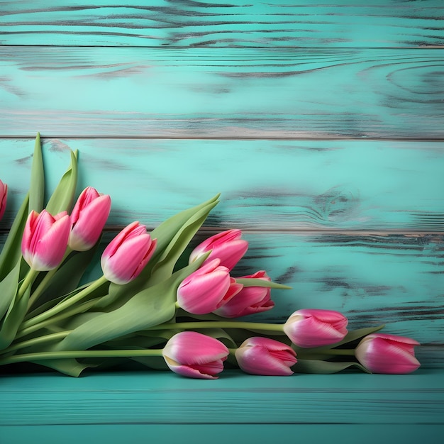 A bunch of pink tulips on a turquoise background.