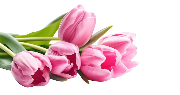 A bunch of pink tulips with green leaves on a white background