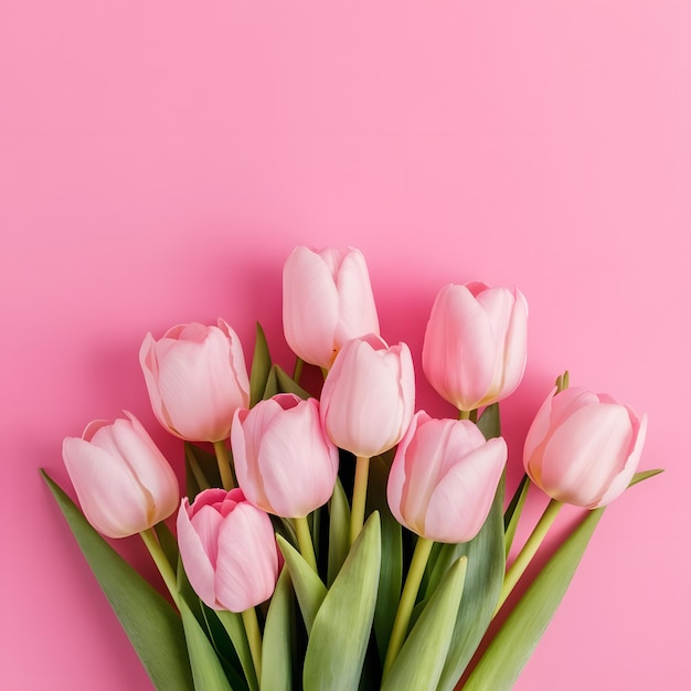 a bunch of pink tulips with green stems on a pink background