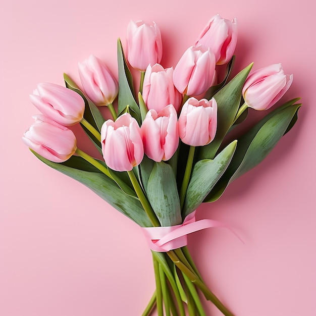 a bunch of pink tulips with a ribbon tied around them