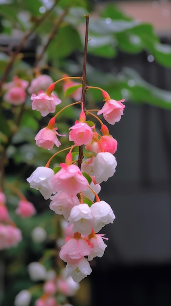 A bunch of pink and white flowers with the pink flowers hanging from the stem.