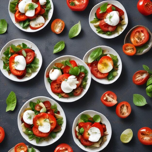 a bunch of plates of tomatoes tomatoes and basil